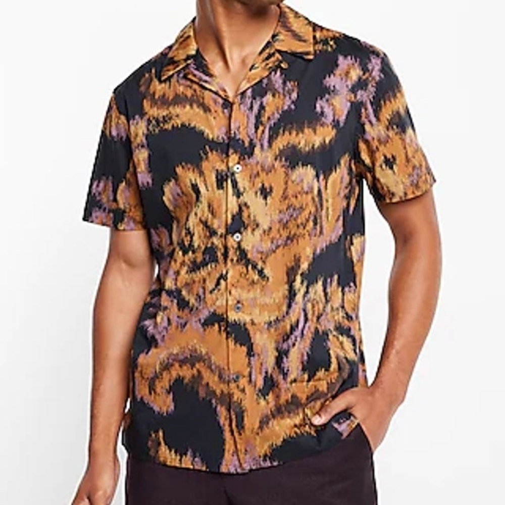 Abstract Floral Print Stretch Cotton Short Sleeve Shirt Men's